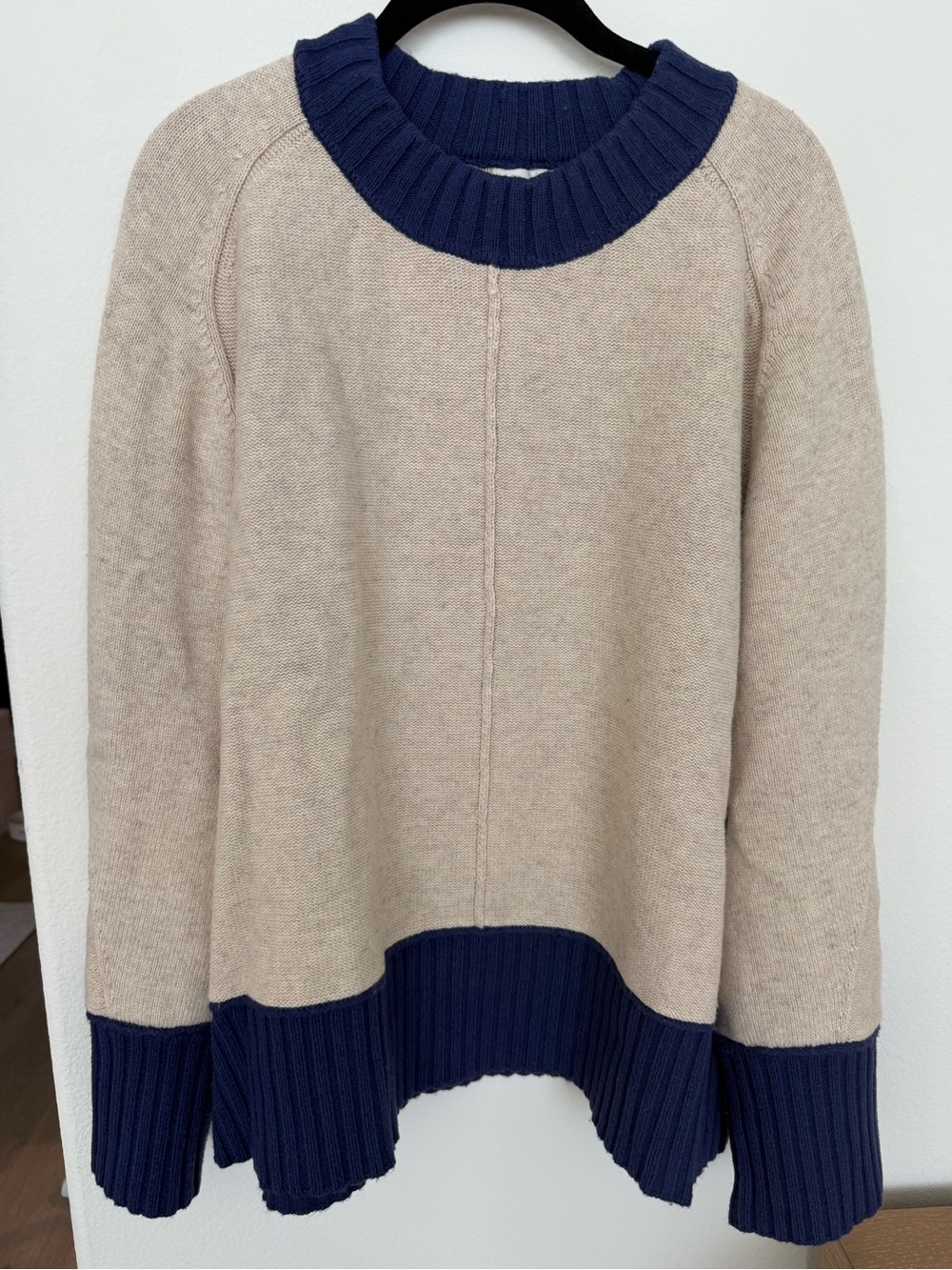 Maeve Two-Tone Scoopneck Sweater in Beige and Navy Trim